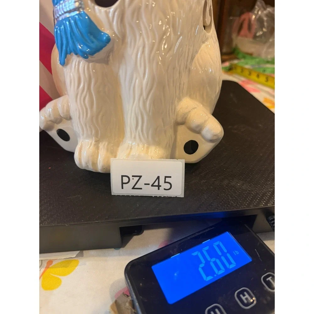 Pink Zebra Retired Polar Bear Ceramic Candle Luminary White Blue Scarf